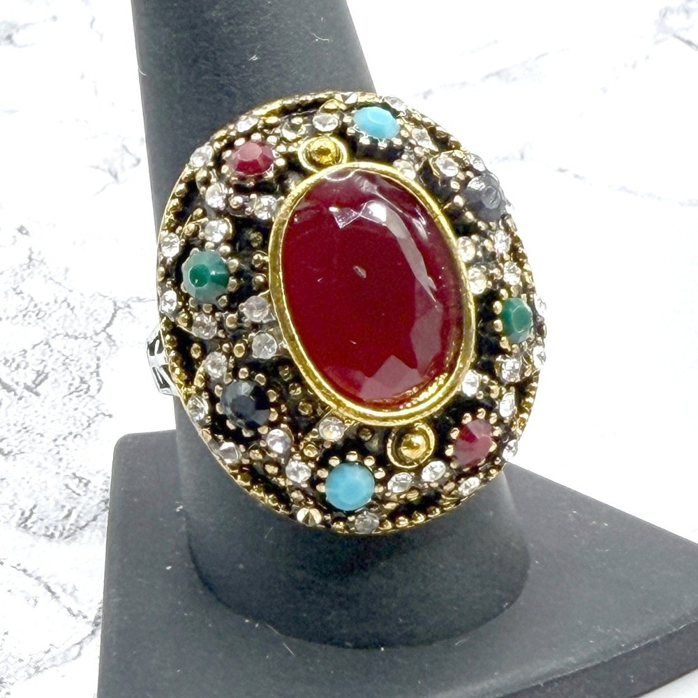 Jeweled Gold Tone Ring Silver Band Red Glass Stone Sizes 6, 6.25 & 9.75 VIDEO